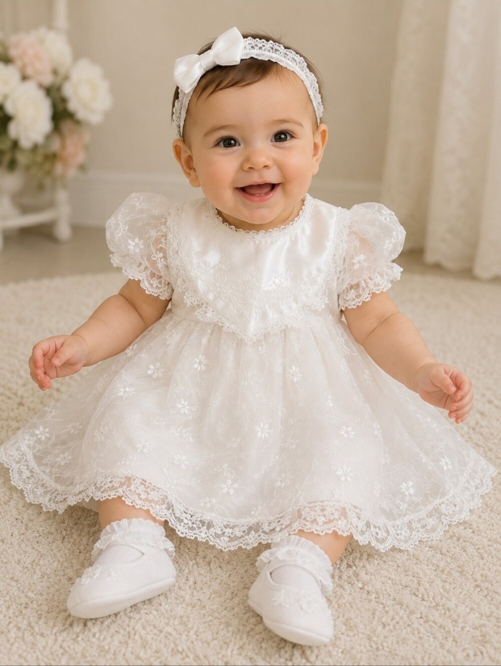 VINTAGE Small 6-9 Months Baptism Christianing Lace Dress with Slip and Bib White
